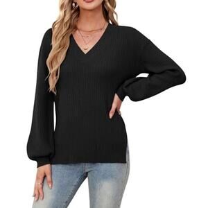 Women's Long Sleeve Sweater for Women,V Neck Puff Sleeve Sweater,Lightweight...